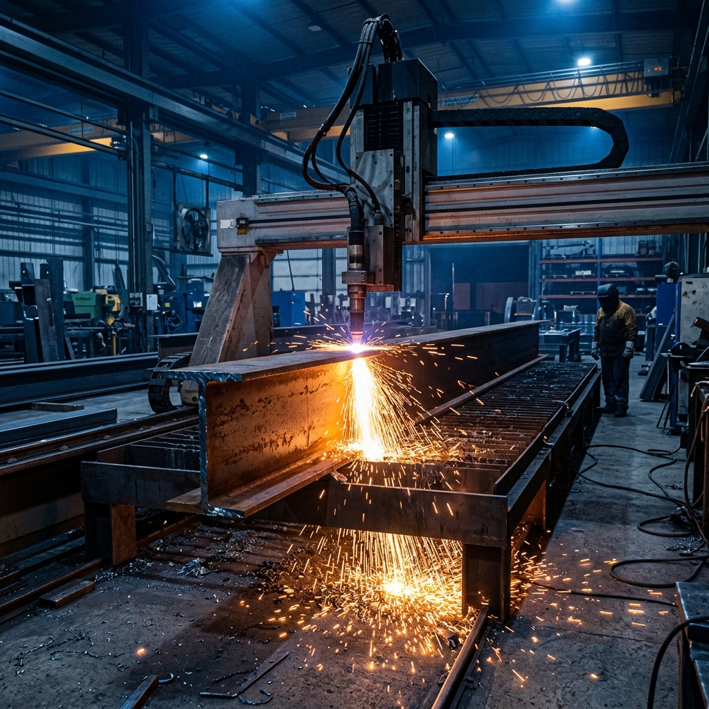 Heavy duty automatic band-saw cutting machine cutting mild steel structural beams - Mildsteelbeam.com